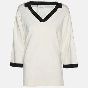 Marina Rinaldi Cream Jersey Contrast Trim V Neck Sweater L